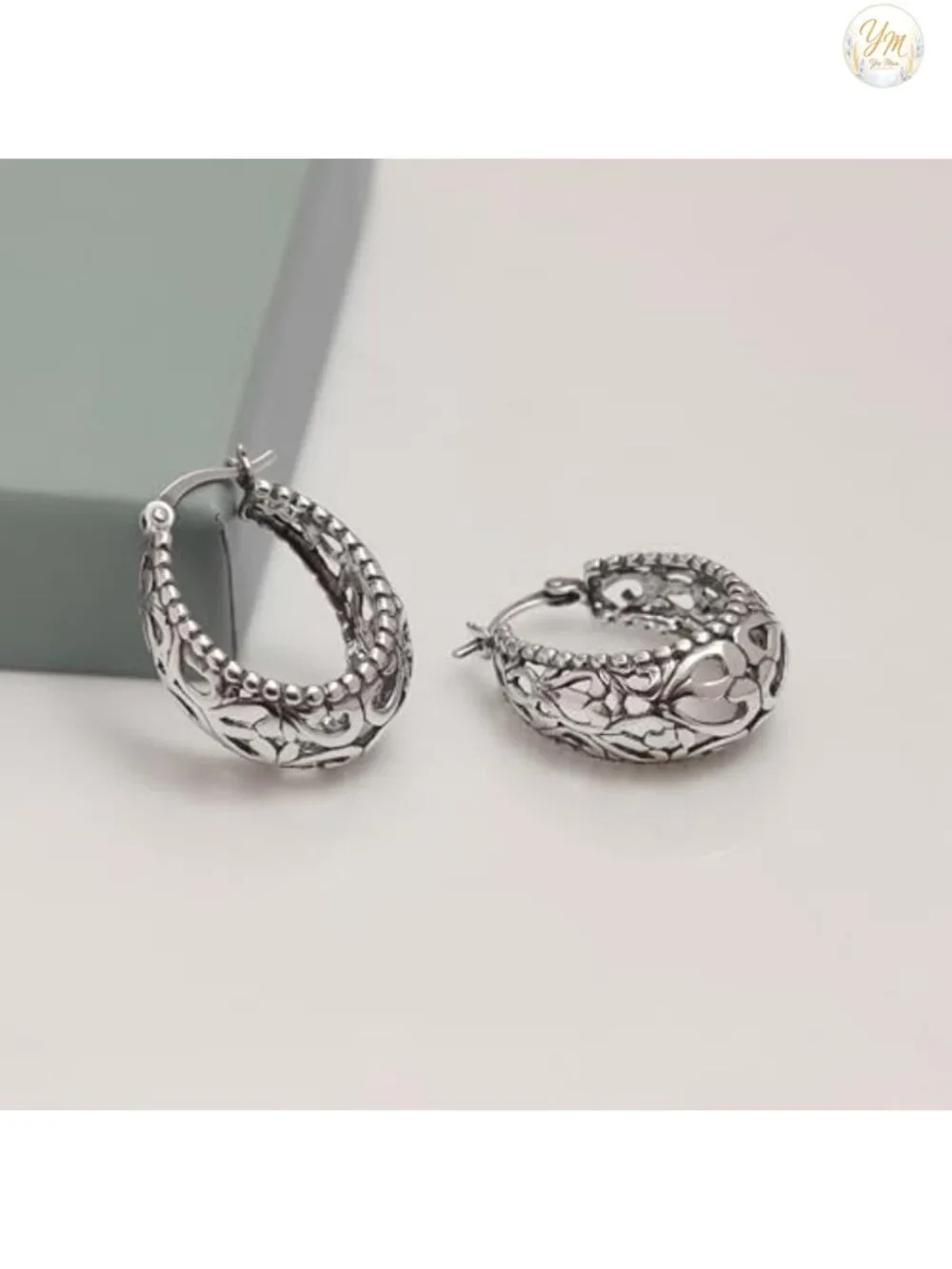 925 Sterling Silver Filigree Hoop Earrings Women Antique Oxidized Chunky